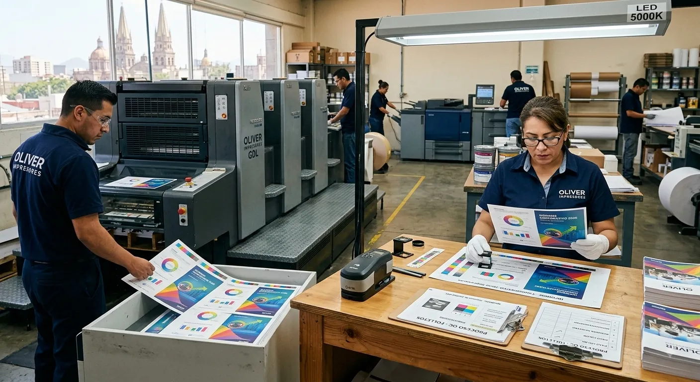 Personal inspeccionando la calidad de color y acabado en hojas impresas para productos para sublimar en el taller de imprenta